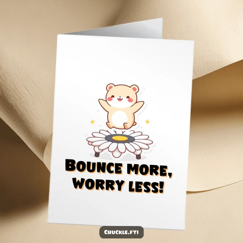 Funny Free Printable Birthday Card: Small round animal joyfully bouncing high on a daisy trampoline, pure birthday bliss.