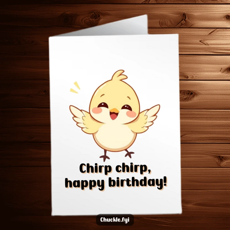 Funny Free Printable Birthday Card: A happy bird character joyfully fluttering wings and chirping a birthday tune.