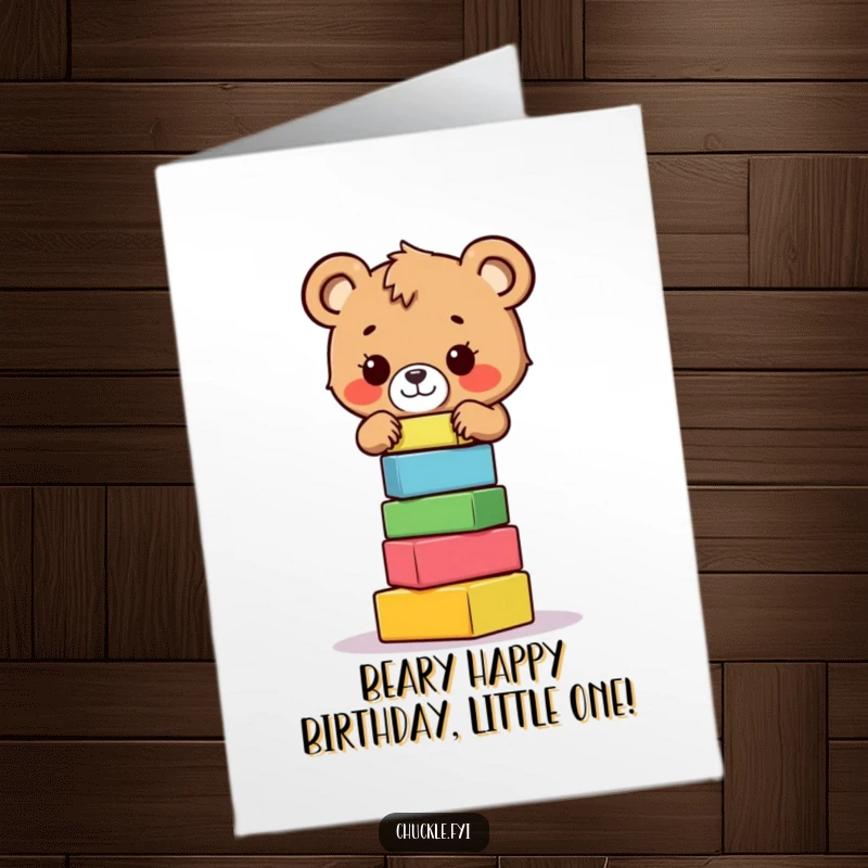 Funny Free Printable Birthday Card: A brave bear cub hilariously trying to balance a very wobbly block tower.