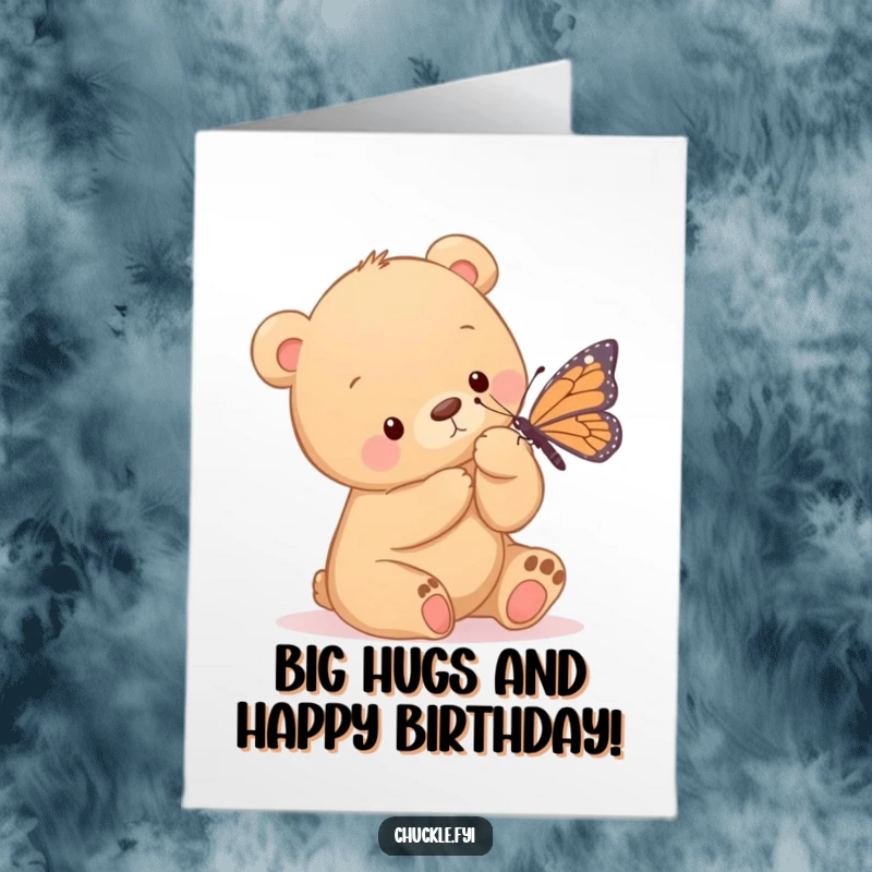 Funny Free Printable Birthday Card: Adorable bear cub gently tickles a butterfly with its large paw. Sweet downloadable art.