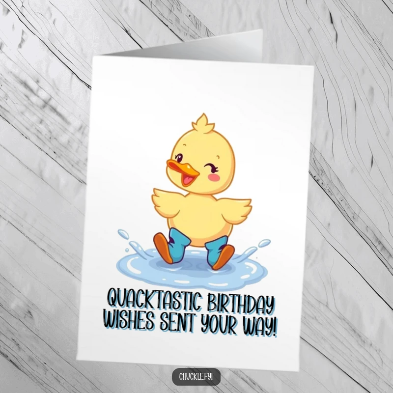Funny Free Printable Birthday Card of a cheerful duck wearing boots, joyfully splashing in a puddle, spreading birthday cheer.