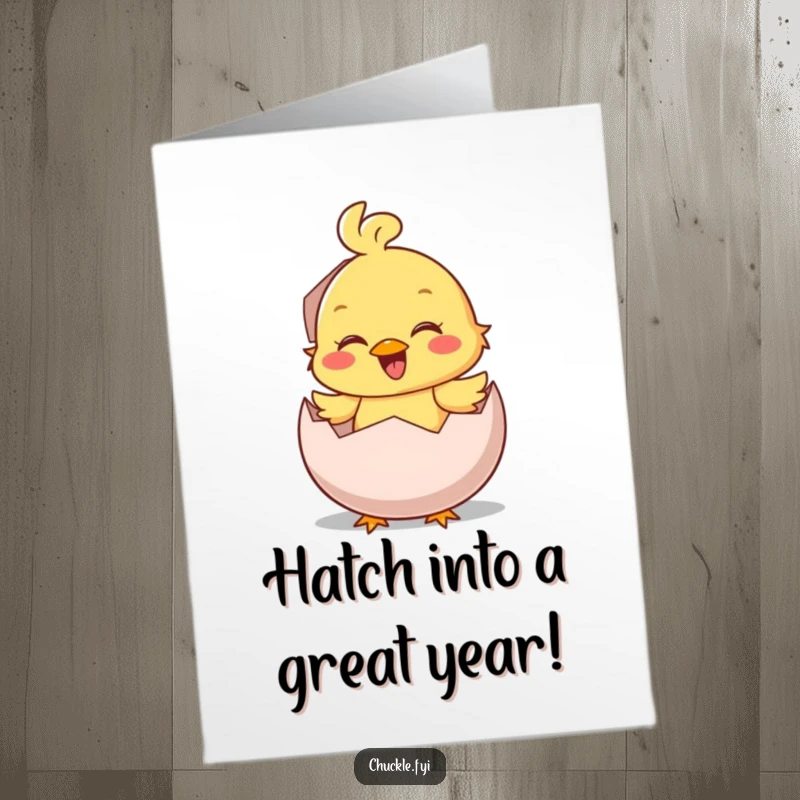 Funny Free Printable Birthday Card: A smiling chick happily hatches from an egg with a loud, cheerful chirp.