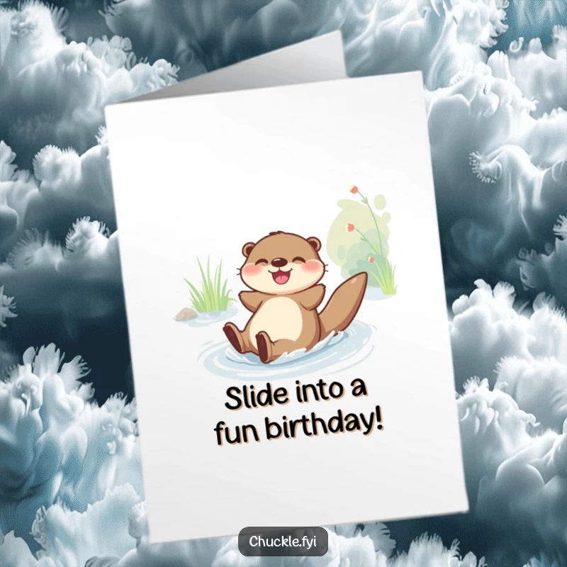 Funny Free Printable Birthday Card: A joyful otter gleefully slides down a riverbank, celebrating with pure happiness.