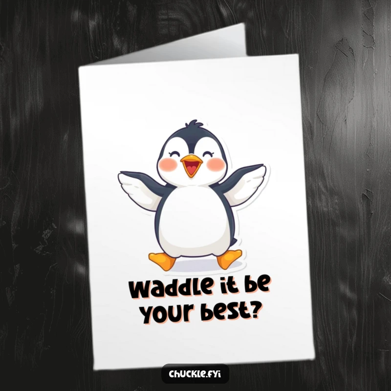 Funny Free Printable Birthday Card featuring a gleeful penguin waddling with its wings joyfully spread wide, ready to celebrate.