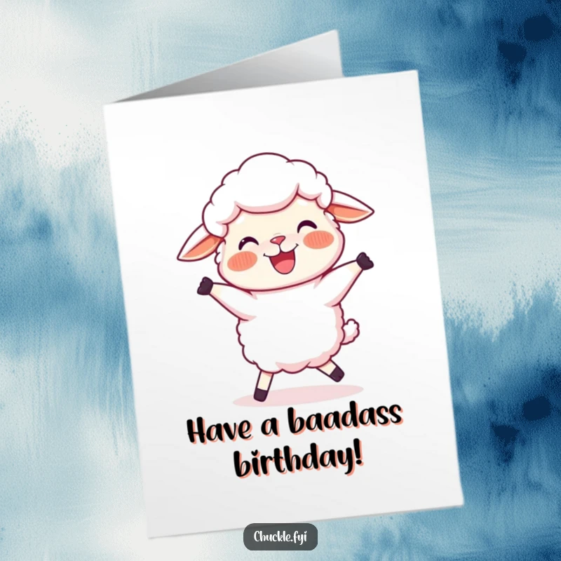 Funny free printable birthday card featuring a joyful sheep with rosy cheeks doing a silly, wobbly dance with enthusiasm.