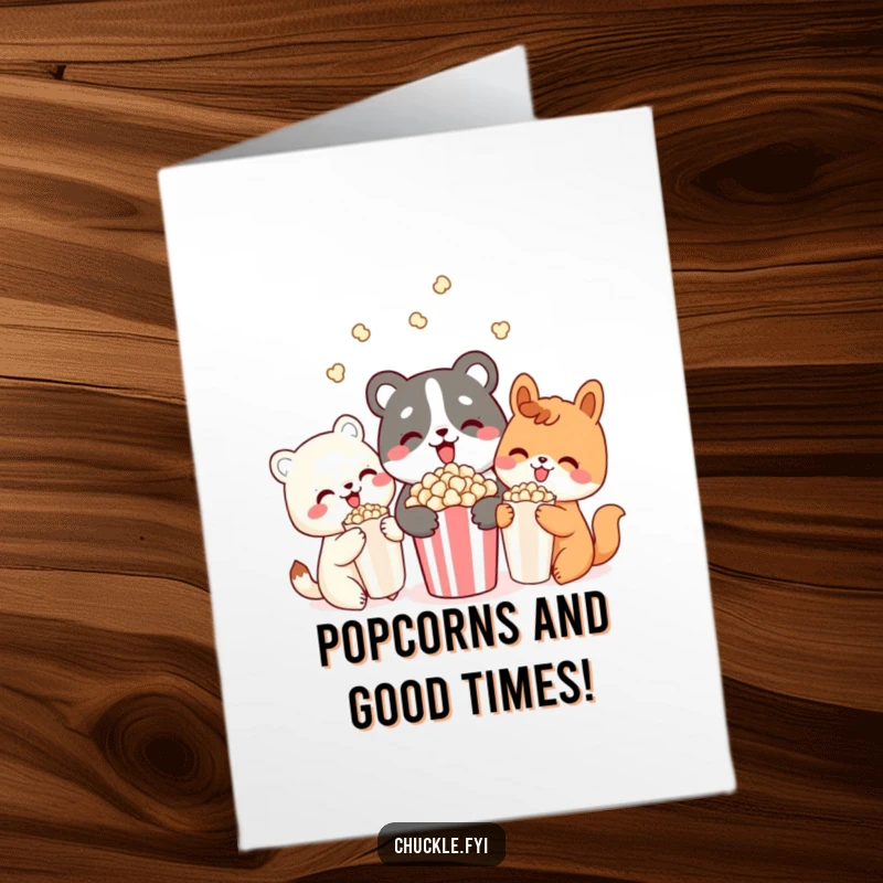 Funny Free Printable Birthday Card: Three cute animals sharing popcorn with delighted expressions, a perfect birthday treat.