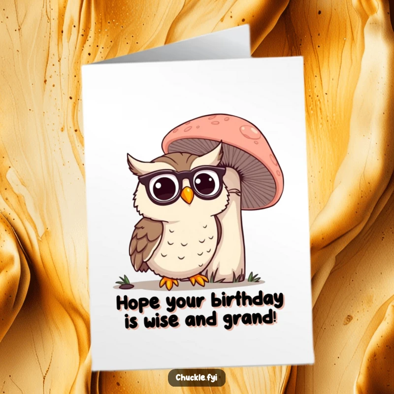 Funny Free Printable Birthday Card: A happy owl wearing spectacles peering curiously at a giant, fascinating mushroom, a moment of discovery.