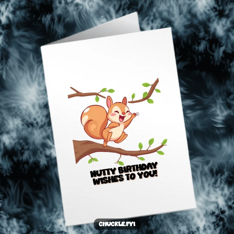 Funny Free Printable Birthday Card: An energetic squirrel leaps from a branch, giggling uncontrollably mid-air with pure delight.