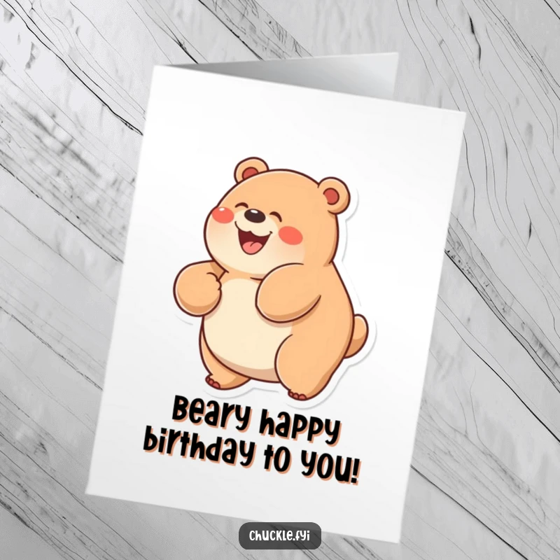Funny Free Printable Birthday Card: A chubby bear with a wide grin rolling on its back in pure, uncontainable glee.