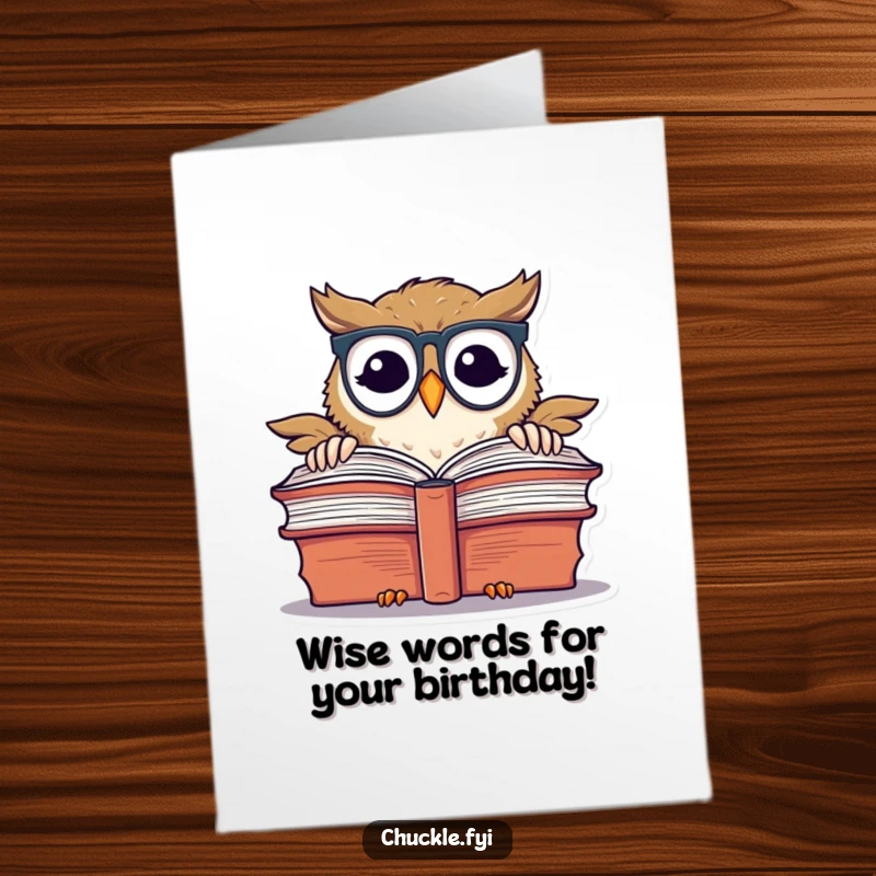 Funny Free Printable chuckling owl character wearing spectacles, peeking over a giant book, celebrating a birthday with wisdom and humor.