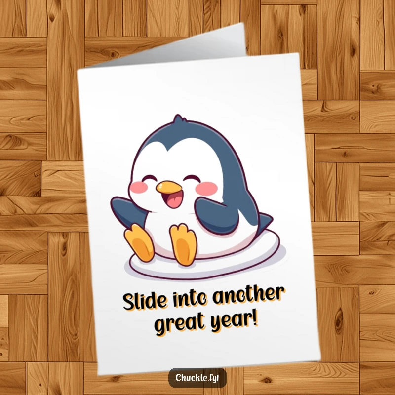 Funny Free Printable Penguin Birthday Card: Penguin joyfully slides on belly, ready to deliver birthday cheer with a grin.