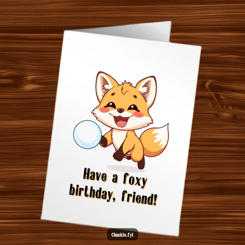 Funny Free Printable Birthday Card: A playful fox cub grins widely while chasing a shimmering floating bubble.