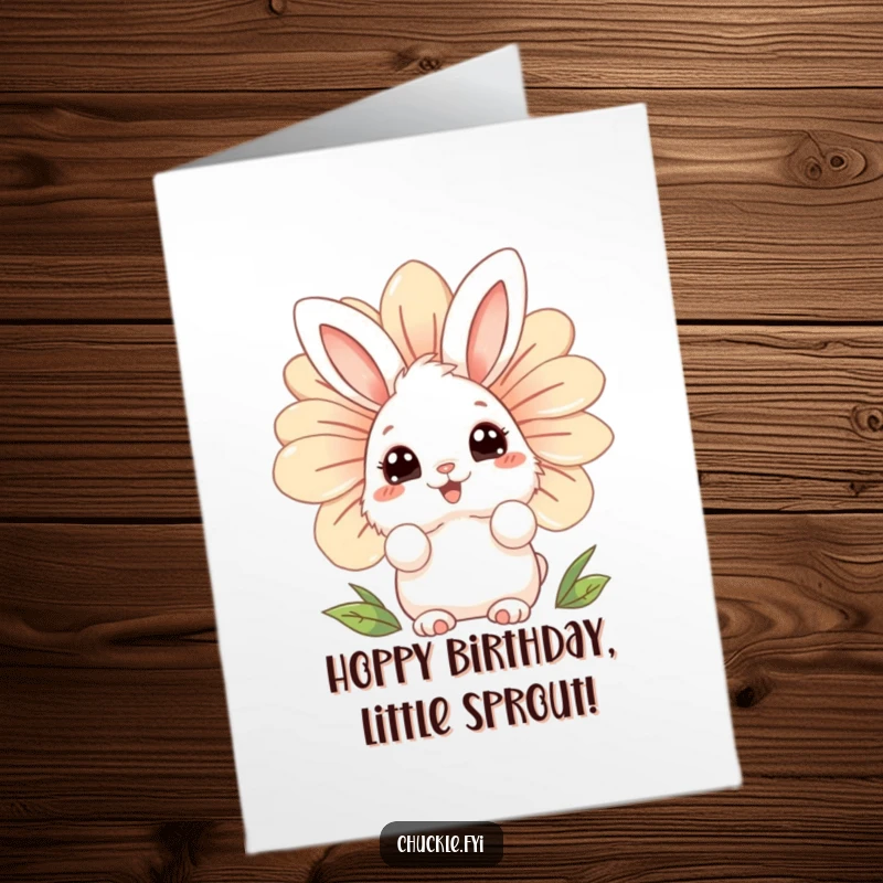 Funny free printable birthday card: a fluffy bunny with curious eyes peeking from behind a giant laughing flower.