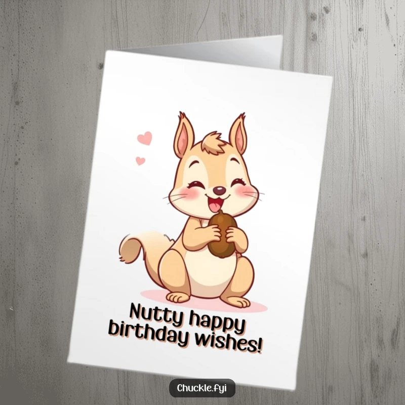 Funny Free Printable Birthday Card: A mischievous squirrel chattering happily holding a nut, perfect for a unique gift.