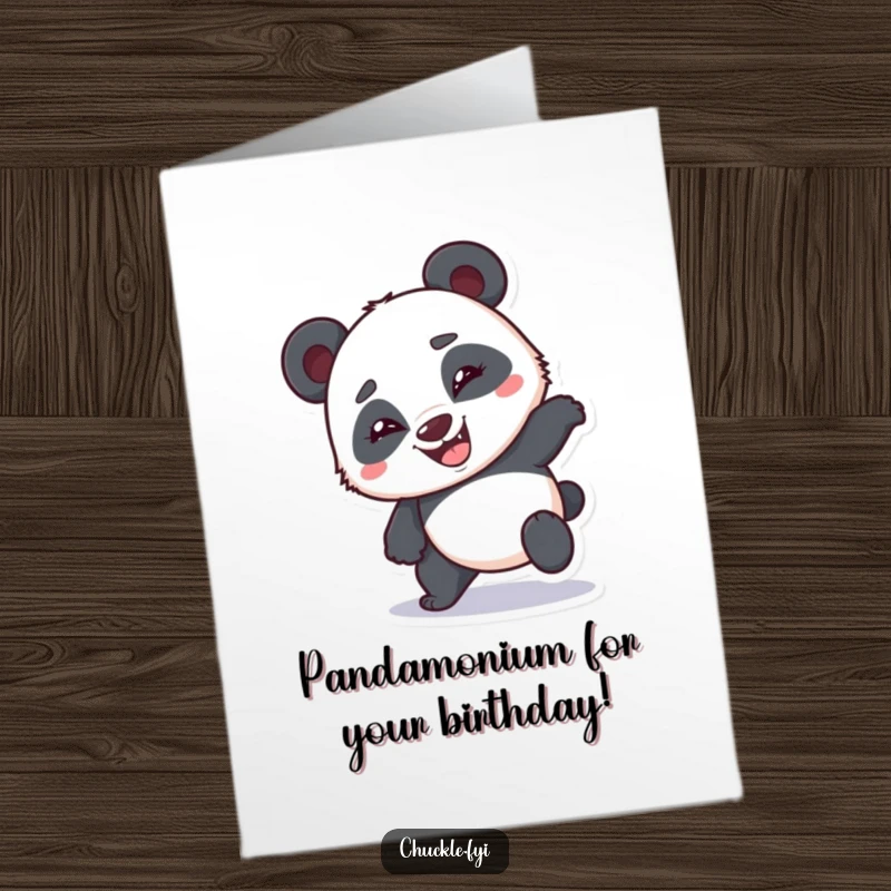 Funny Free Printable Birthday Card featuring a bumbling panda tripping with a wide, goofy grin. Perfect for a laugh.