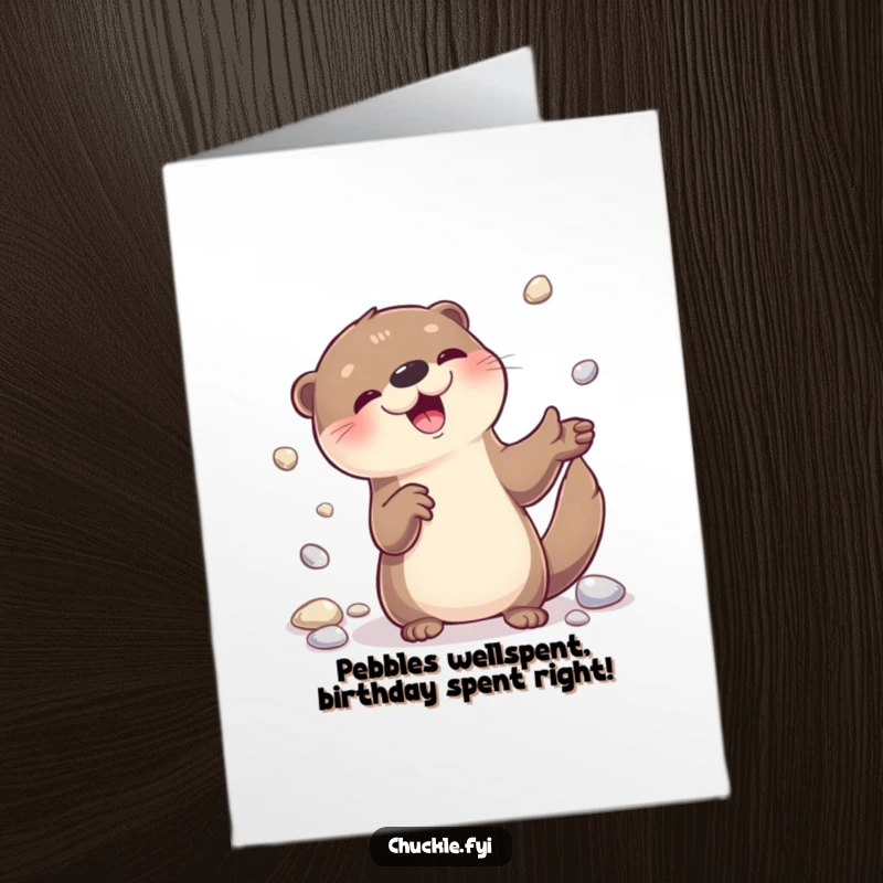 Funny Free Printable Birthday Card: A delighted otter juggles shiny pebbles with impressive skill, bringing birthday cheer and laughter.