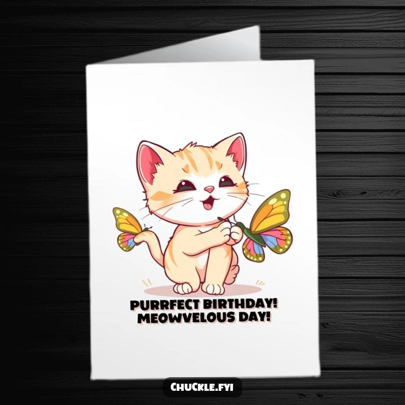 Funny Free Printable Kitten Birthday Card: Curious kitten playfully chasing a colorful butterfly, purring joyfully.