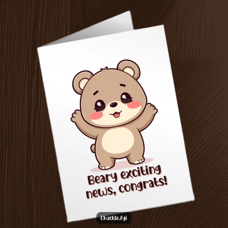Funny Free Printable Congratulations Card: A happy bear cub with sparkling eyes dances excitedly, celebrating success.