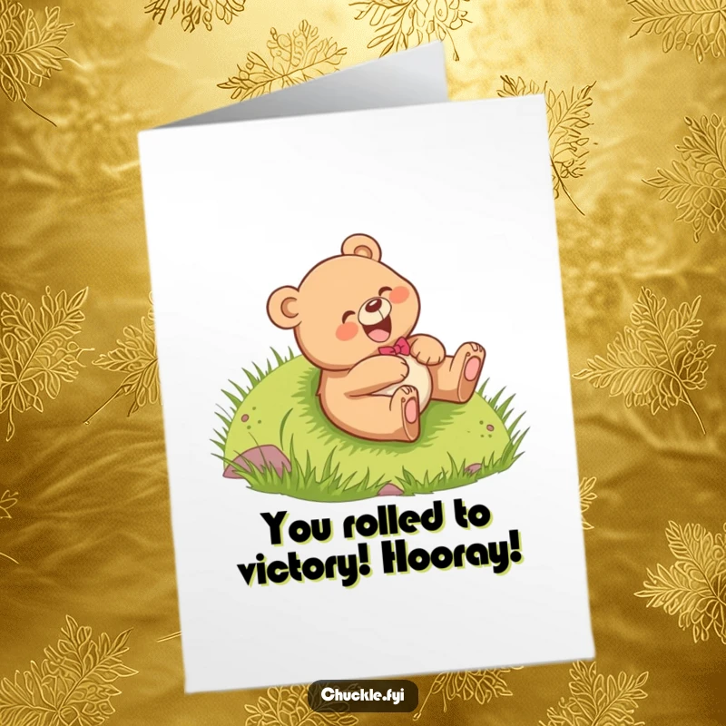 Funny Free Printable Bear Congratulations Card: Happy bear cub giggling while rolling down a hill, celebrating success.