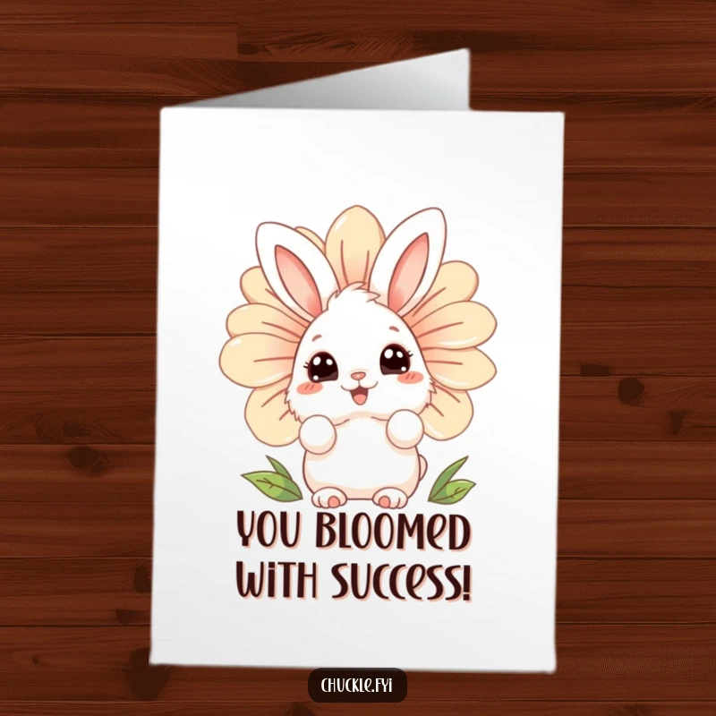 Free printable congratulations card: a curious fluffy bunny peeking from behind a large, laughing flower.