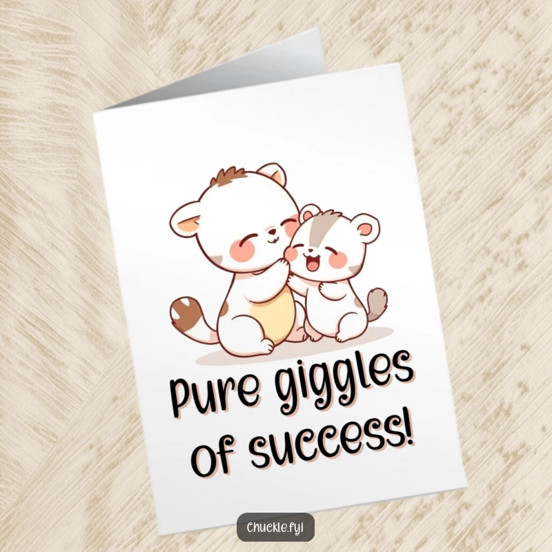Funny Free Printable Congrats Card: Two animals giggling uncontrollably as one playfully tickles the other, pure delight.