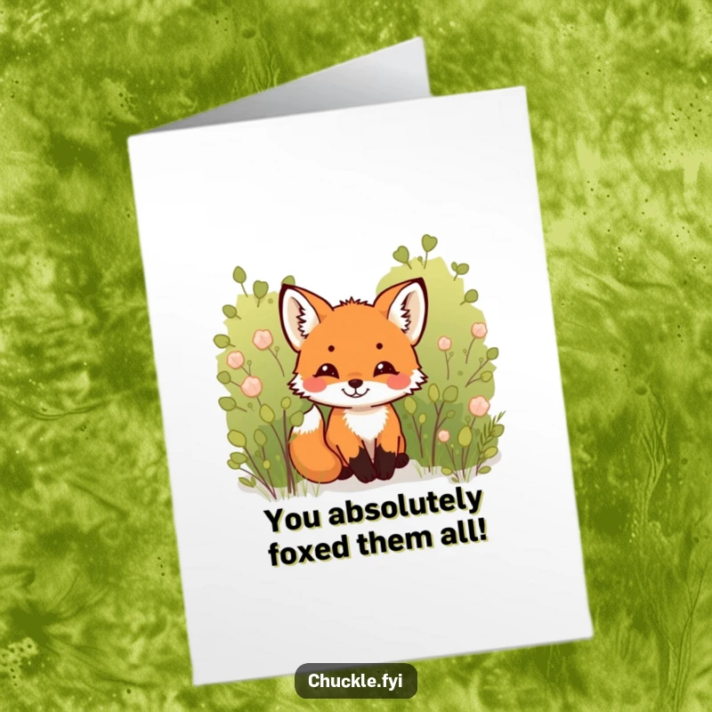 Funny Free Printable Fox Congrats Card: Tiny cub peeking from bush, chuckling with glee. A playful downloadable announcement.