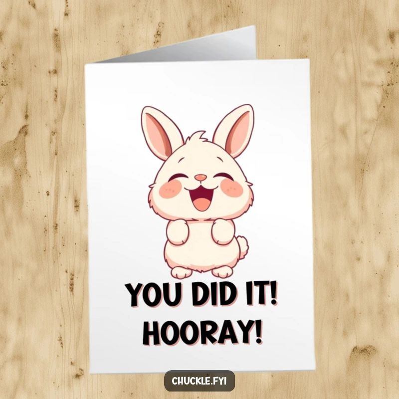 Funny Free Printable Congratulations Card: A fluffy bunny character with ears perked is caught mid-laugh celebrating success.