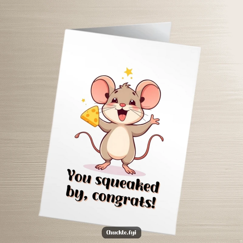Funny Free Printable congratulations card: a delighted mouse doing a happy jig, celebrating with delicious cheese.