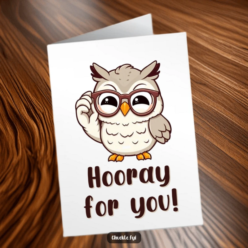 Funny Free Printable Owl Congratulations Card: A wise owl grins knowingly, adjusting spectacles to celebrate success.