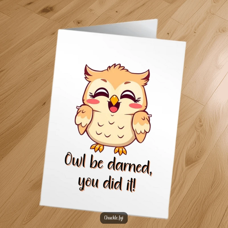 Free Printable Owl Congratulations Card: A smiling owl shakes its head, eyes wide with laughter, cheering on a big achievement.