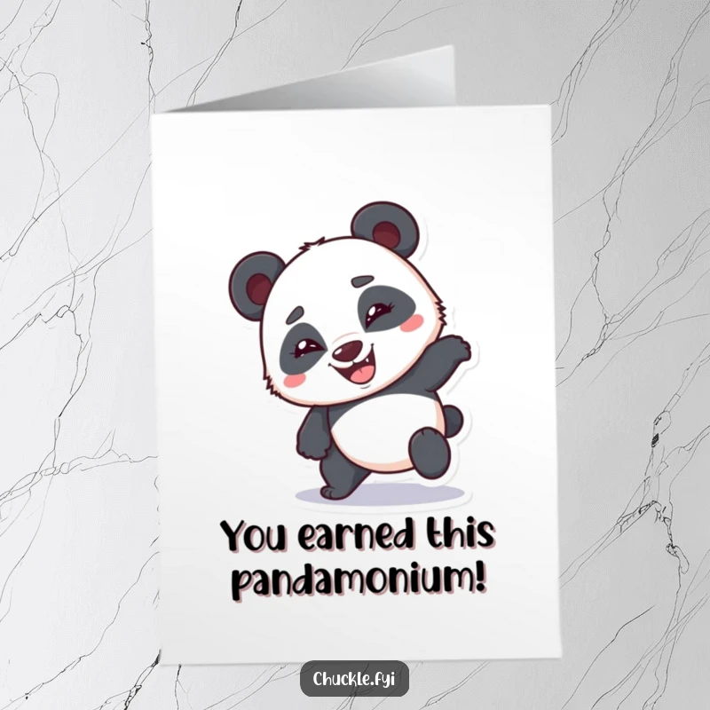 Free Printable Congratulations Card showcasing a clumsy panda in mid-stumble with an absurdly happy grin. Hilarious celebration.