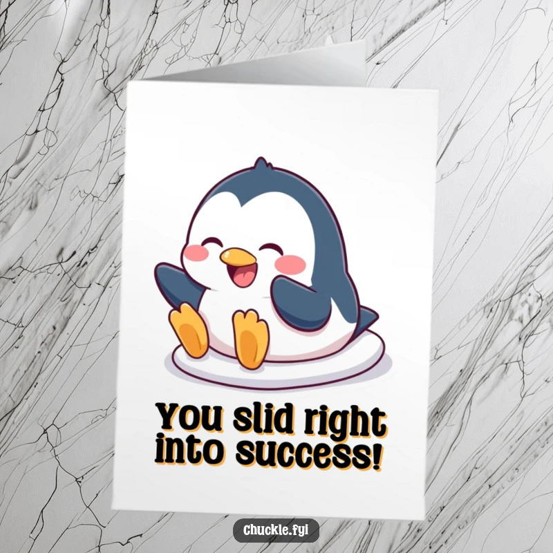 Free Printable Congratulations Card: A gleeful penguin slides on its belly, perfect for celebrating any success with humor.