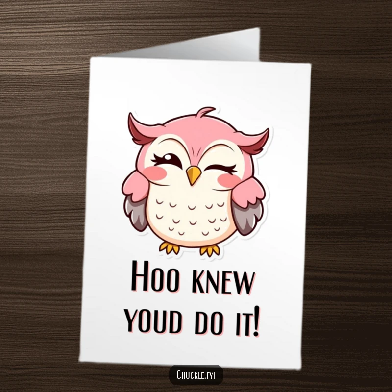 Funny Free Printable Congrats Card showing a wise owl winking with a gleeful sideways grin, celebrating a big win.