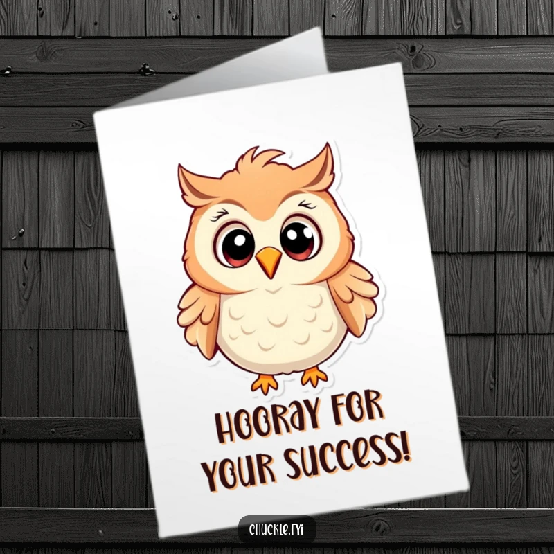 Funny free printable congratulations card showing a cartoon owl chuckling heartily with ruffled feathers, celebrating an achievement.