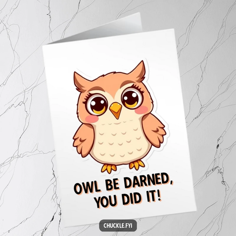 Funny Free Printable Owl Congrats Card: Jovial owl with wide eyes, hooting with happiness. A delightful downloadable announcement.