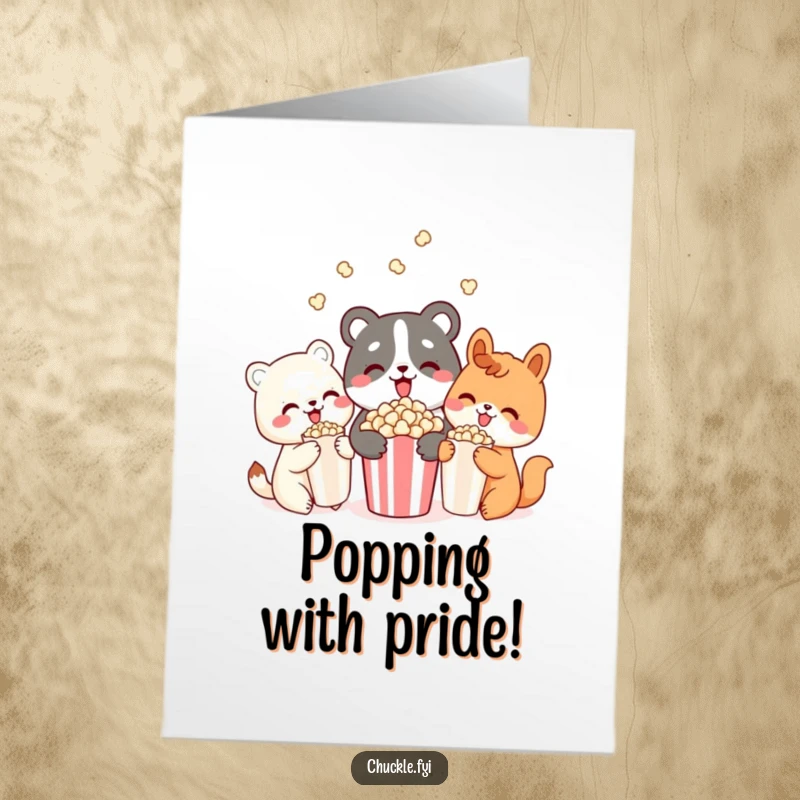 Funny Free Printable Congrats Card: Three cute animals joyfully sharing a bowl of popcorn, celebrating success together.