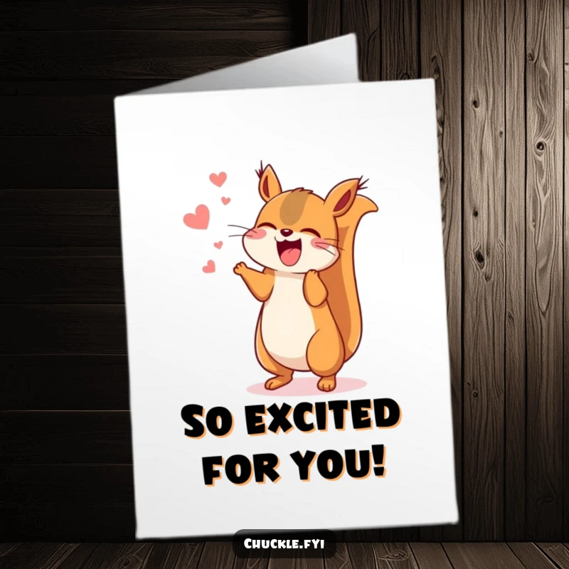Funny Free Printable Congrats Card: A kawaii squirrel enthusiastically chattering and jumping with joy, celebrating a big win.