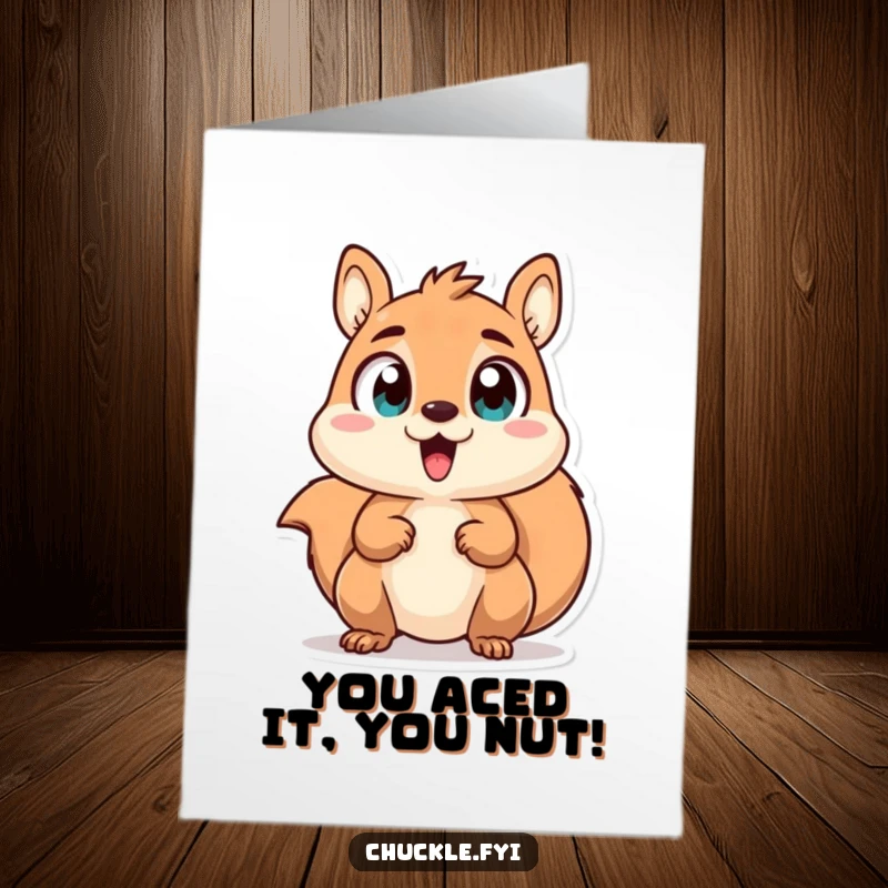Funny Free Printable Congrats Card: Chattering squirrel character with wide, excited eyes, celebrating achievements enthusiastically.