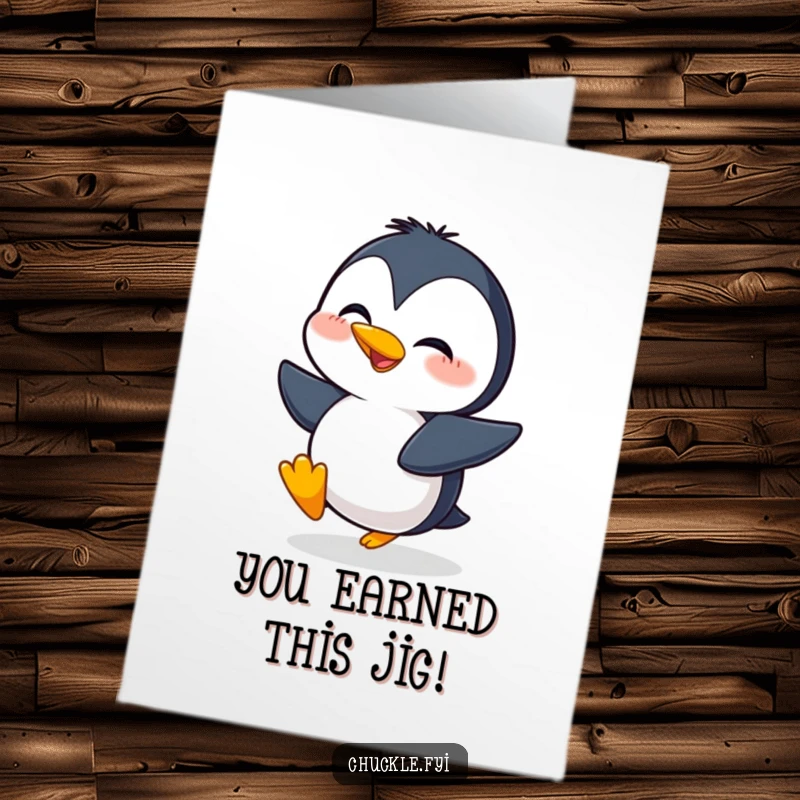 Funny Free Printable congratulations card showing a giggling penguin waddling with excessive, joyous celebration.