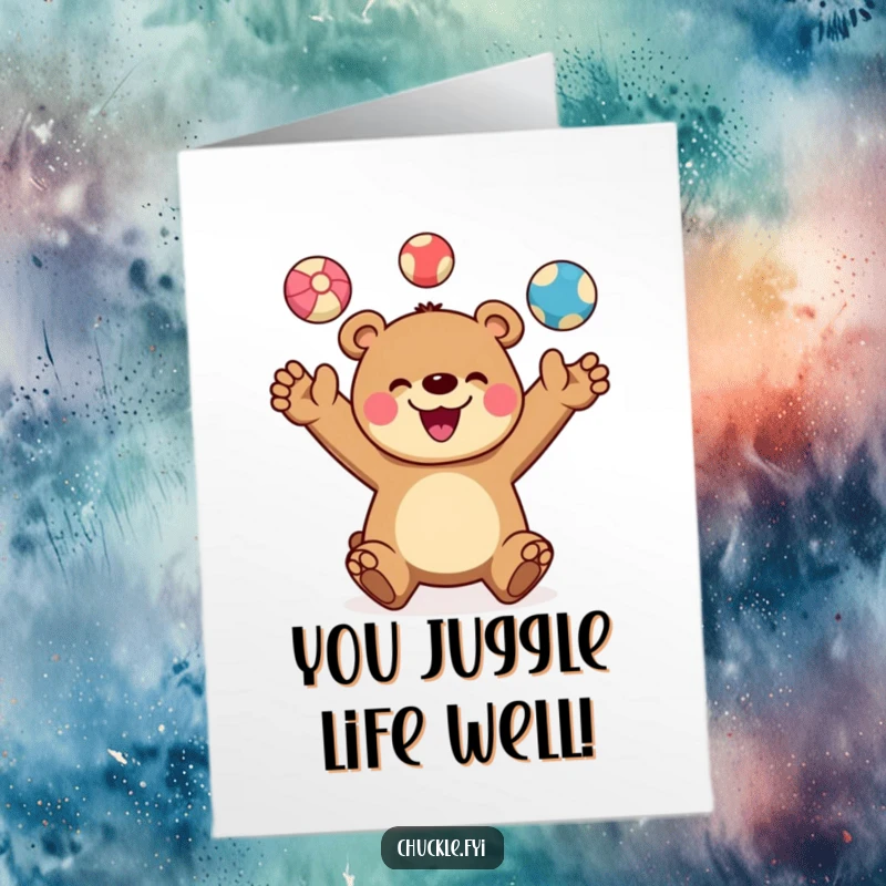 Funny Free Printable Congrats Card: A cheerful bear happily juggling three vibrant balls, beaming with a wide, proud smile.