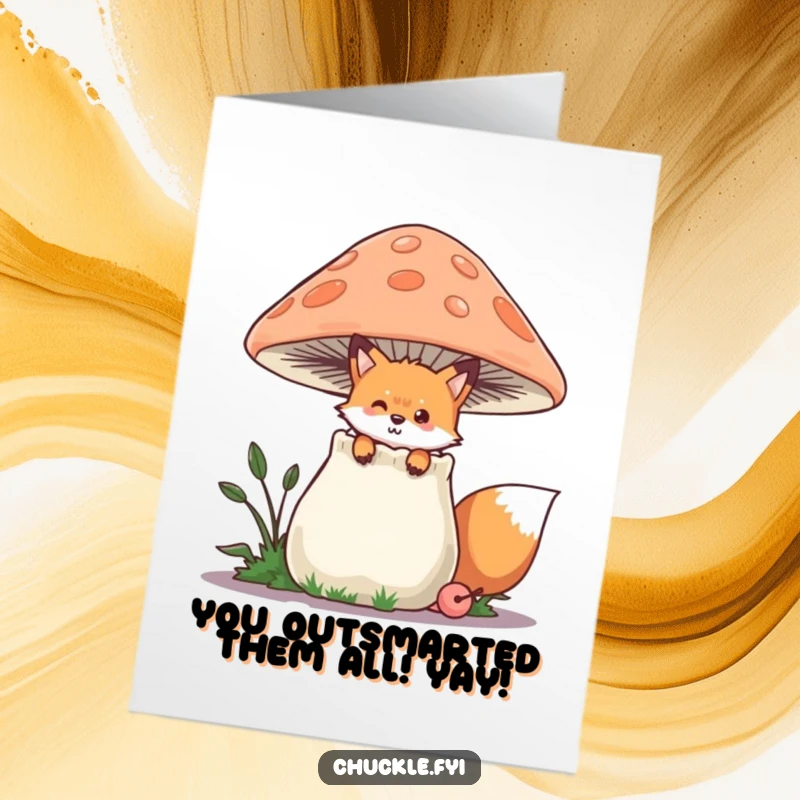 Funny Free Printable Fox Congratulations Card: Playful fox peeking, celebrating success with a sly grin.