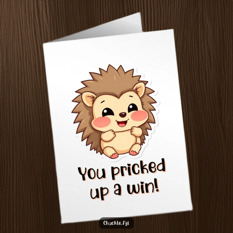 Funny Free Printable Congratulations Card: A grinning hedgehog character with puffed cheeks, showing great amusement.