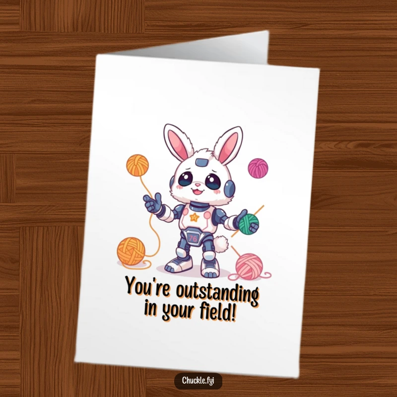 Funny Free Printable Congratulations Card showing a fluffy bunny robot gleefully juggling colorful yarn balls, celebrating wins with mechanical delight.