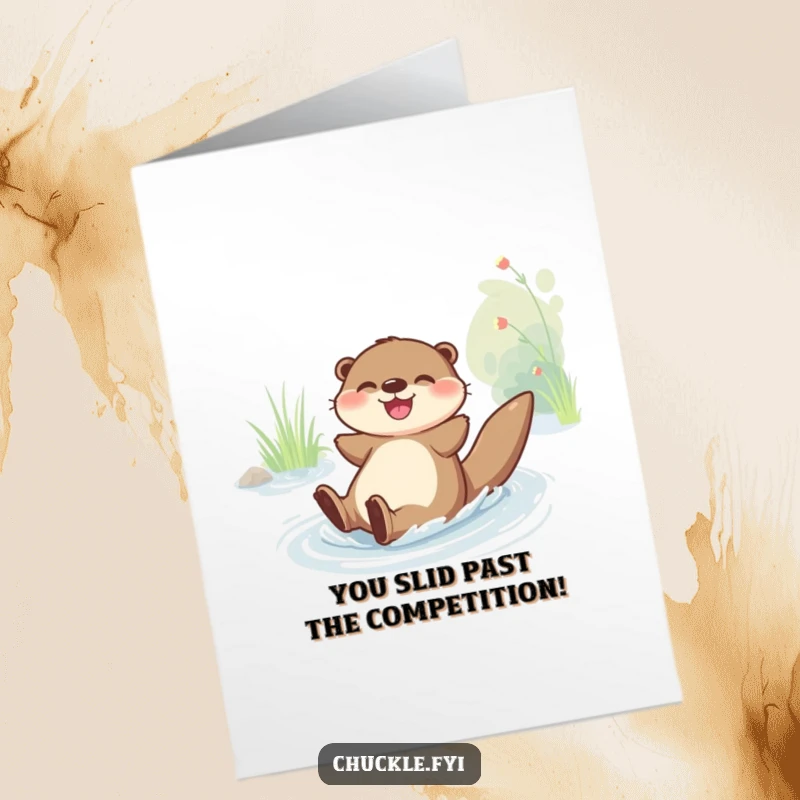 Funny Free Printable Congrats Card: A cheerful otter slides down a riverbank with pure glee and excitement.