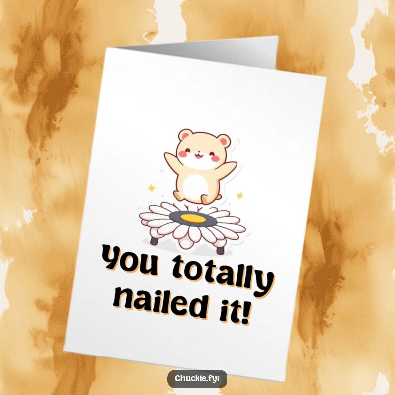 Funny Free Printable Congrats Card: Round animal energetically bouncing on a daisy trampoline, celebrating success with glee.