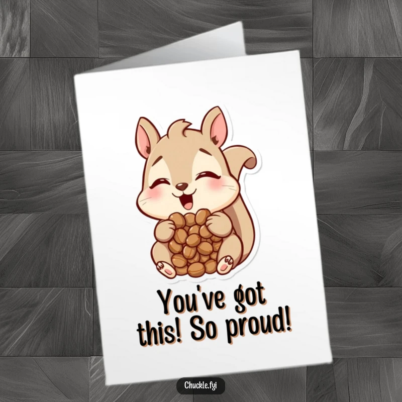 Funny Free Printable Squirrel Congratulations Card: Amused squirrel with a mouthful of nuts, celebrating a big win.
