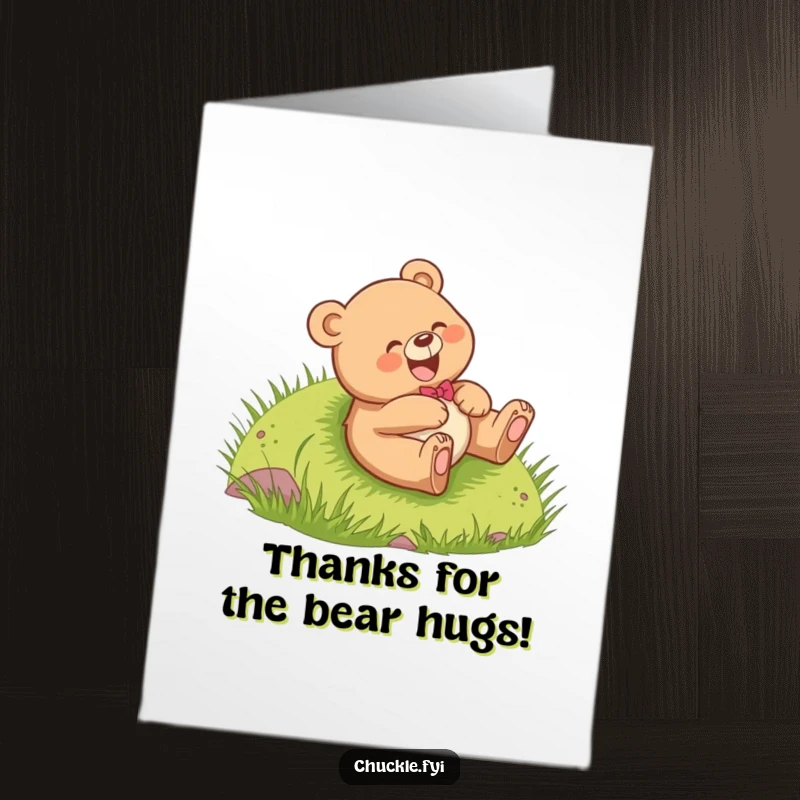 Funny Free Printable Bear Thank You Card: Cheerful bear cub giggling as it rolls down a hill, conveying thanks.