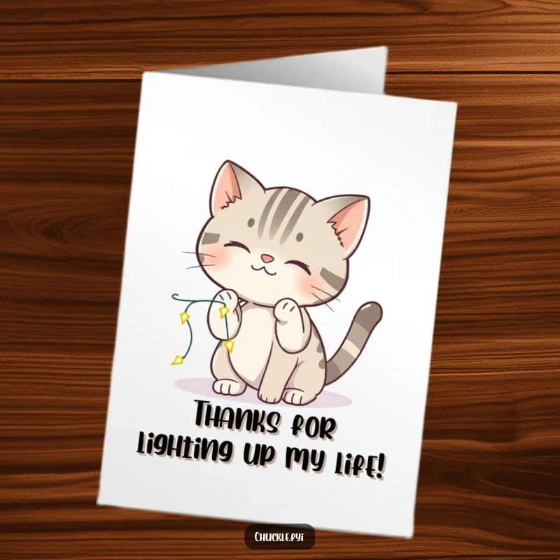 Funny Free Printable Thank You Card: A curious kitten batting at a string of sparkling lights, showing playful thanks!
