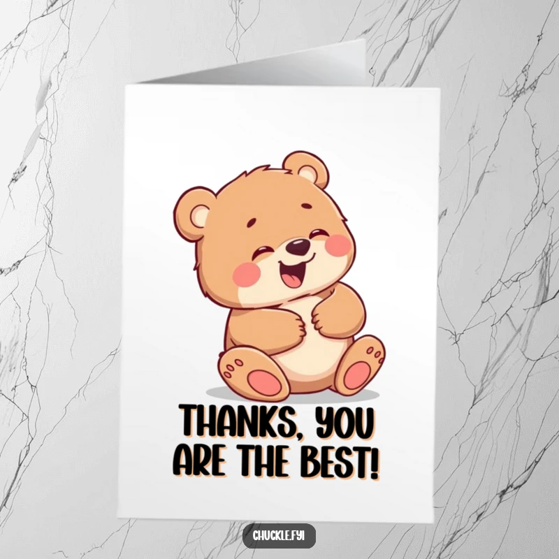 Funny Free Printable Thank You Card: A little bear cub giggling uncontrollably, holding its belly, ideal for a DIY downloadable gift.