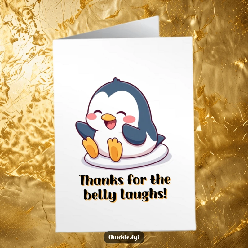 Funny Free Printable Thank You Card: A happy penguin slides on its belly, offering thanks with a wide, silly grin.
